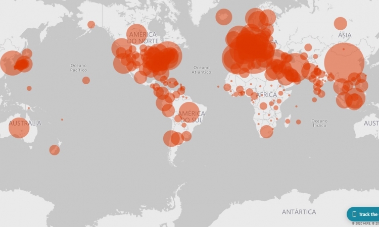 Mapa do COVID-19 no mundo em tempo real.